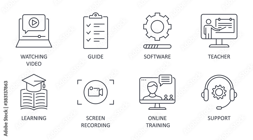 Video tutorial line icons. Vector set editable stroke. Learning lesson watching video guide. Software screen recording teacher online training support - obrazy, fototapety, plakaty 