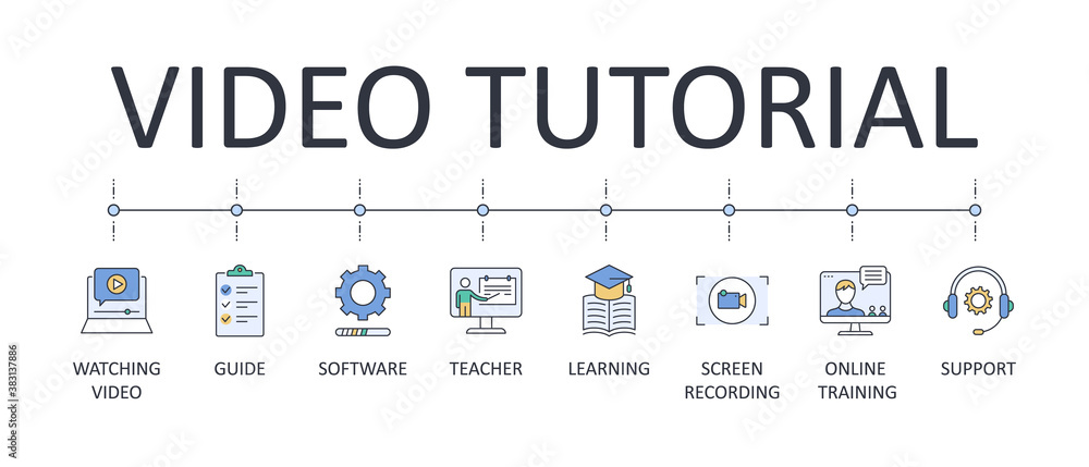 Banner Tutorial Models Banner video tutorial. Vector set of line icons editable stroke ...