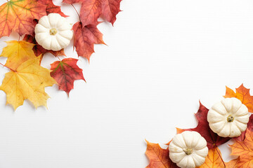 Wall Mural - Autumn composition. Frame made of colorful maple leaves and pumpkin on white background. Flat lay, top view. Autumn fall, harvest, thanksgiving concept.