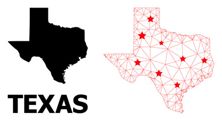 Wall Mural - Mesh polygonal and solid map of Texas State. Vector structure is created from map of Texas State with red stars. Abstract lines and stars form map of Texas State.