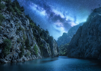 Wall Mural - milky way over the beautiful mountain canyon and blue sea at night in summer. colorful landscape wit
