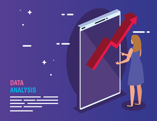 Poster - Data analysis increase arrow on smartphone and woman design, information theme Vector illustration