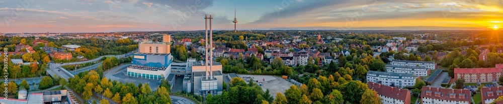 Panorama aerial view of district Hassee-Vieburg and television tower of Kiel, Schleswig-Holstein, Germany. Panoramic aerial view of incineration plant in the city.  - obrazy, fototapety, plakaty 