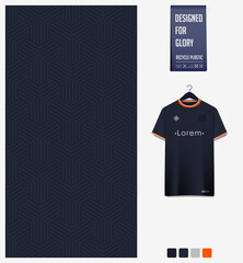 Fabric pattern design. Geometry pattern on blue background for soccer jersey, football kit, bicycle, e-sport, basketball, sports uniform, t-shirt mockup template. Abstract sport background. Vector.