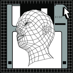 Poster - Retrofuturistic sci-fi illustration of Low poly 3D head, human face structure made of grid. 