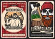 Lumberjack service, woodwork vintage posters. Strong man in shirt, holding felling axe, lumberjack smiling skull with red beard and mustaches wearing knitted hat, tree stump and mountain forest vector