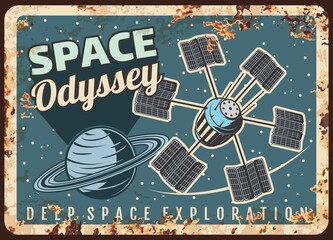 Wall Mural - deep space exploration vector rusty metal plate, satellite on saturn orbit, outer space odyssey, adv