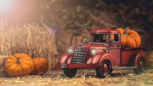 Autumn Composition. Red Pickup Truck With Pumpkin And Straw Bale. Farm Country Style Decorations. Happy Thanksgiving Day.