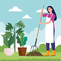 Canvas Print - Gardening woman with rake and plants pots design, garden planting and nature theme Vector illustration