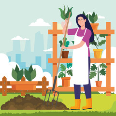 Canvas Print - Gardening woman with rake and plants design, garden planting and nature theme Vector illustration