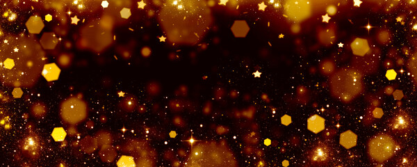 Wall Mural - Festive abstract background Golden bokeh on black , glitter of stars and lights
