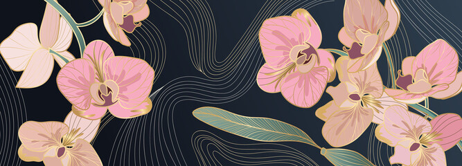 Wall Mural - Luxury pink orchid background vector with golden metallic decorate wall art