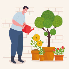 Canvas Print - Gardening man with watering can and plants design, garden planting and nature theme Vector illustration