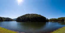 Panoramic View Of Beautiful Pine Forest And Lake In Pang Oung. Amazing Countryside Of Mae Hong Son In Thailand.