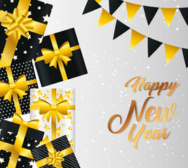 Poster - Happy new year gifts and banner pennant design, Welcome celebrate and greeting theme Vector illustration