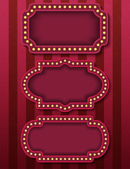 Circus signboards. Vector stock brightly glowing retro cinema neon banners. Circus style evening show templates.