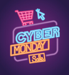 Wall Mural - cyber monday neon with cart and cursor design, sale ecommerce shopping online theme vector illustrat