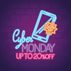 Wall Mural - cyber monday neon with smartphone design, sale ecommerce shopping online theme vector illustration