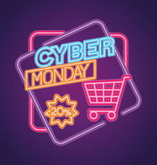 Canvas Print - cyber monday neon with cart design, sale ecommerce shopping online theme Vector illustration