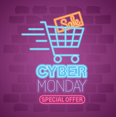 Wall Mural - cyber monday neon with cart design, sale ecommerce shopping online theme vector illustration