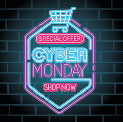 Wall Mural - cyber monday neon with cart design, sale ecommerce shopping online theme vector illustration