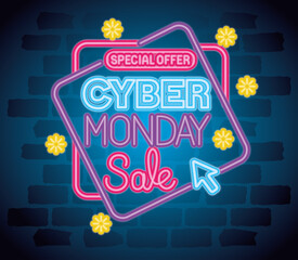 Wall Mural - cyber monday neon banner design, sale ecommerce shopping online theme vector illustration