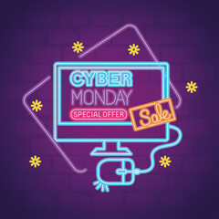 Wall Mural - cyber monday neon in computer with mouse design, sale ecommerce shopping online theme vector illustr