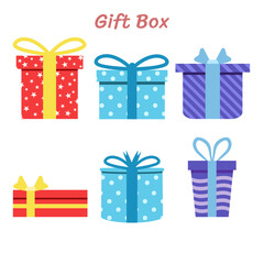 Vector illustration Gift boxes. Colorful wrapped. Sale, shopping concept. Collection for Birthday, Christmas.