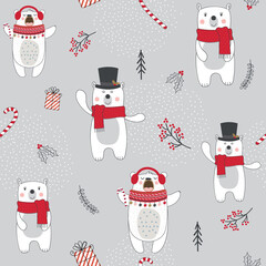 Wall Mural - Seamless christmas background with cute bears and christmas ornament with red and silver colored, vector illustration