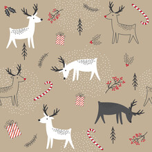 Seamless Pattern With Reindeer And Leaves, Berries On Brown Craft. Vector Illustration
