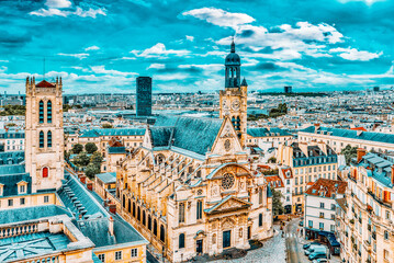 Fototapete - Beautiful panoramic view of Paris from the roof of the Pantheon. View on Church of Saint-Etienne-du-Mont.