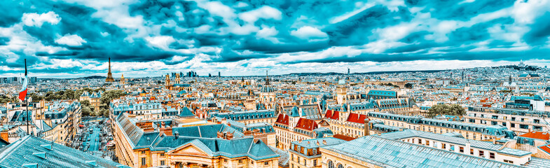 Fototapete - Beautiful panoramic view of Paris from the roof of the Pantheon. View of the Eiffel Tower and flag of France.