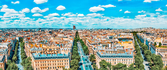 Fototapete - Beautiful panoramic view of Paris from the roof of the Triumphal Arch. France.