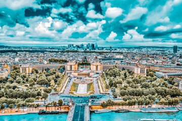 Fototapete - Panorama of Paris view from the Eiffel tower. View of the Trocadero Palace.