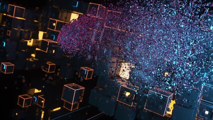 Brain assembling of blocks. Artificial intelligence concept. 3D animation