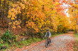 © Maridav - Autumn biking happy woman traveling on road bike through foliage path in nature forest outdoors. Canada fall travel destination.