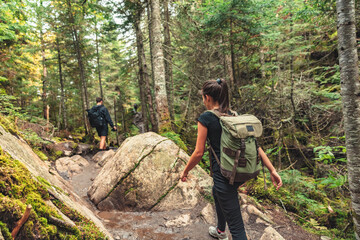 hikers walking on forest trail with camping backpacks. hiker woman from behind hiking in autumn fall