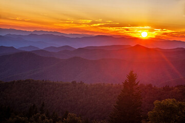 Sun setting over the Cowee Mountain Overlook in the Blue Ridge Mountains