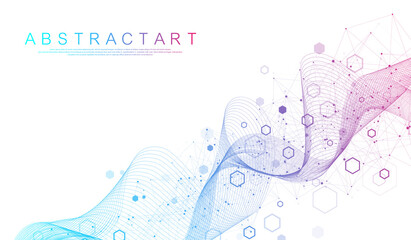 Technology abstract lines and dots connect background with hexagons. Hexagon grid. Hexagons connection digital data and big data concept. Hex digital data visualization. Vector illustration.