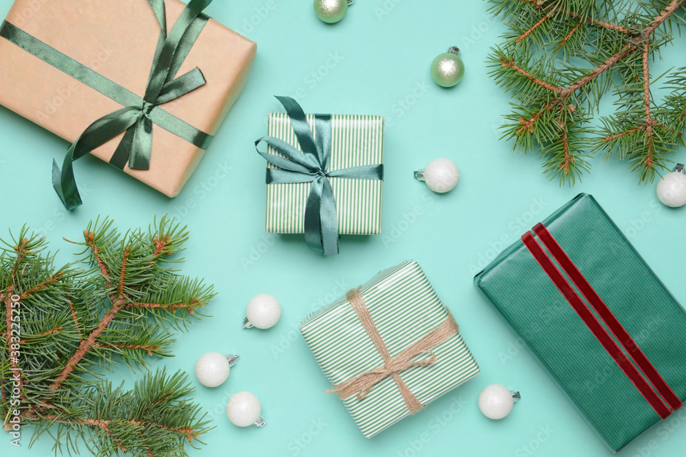 Christmas composition with gifts on color background