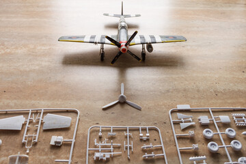 Scale model of the airplane fighter with details. Plastic assembly kit