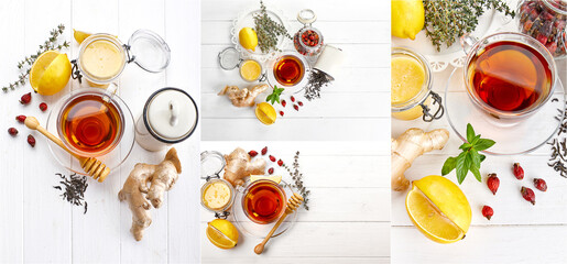 Collage mix set of Ginger tea with lemon honey Rose Hip and thyme at white wooden board in rustic style. Top view.