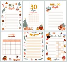 Christmas Planner, Organizer And Schedule With Joy List, 30 Days Challenge, Will Do List, My Goals List, To Do List With Cute Winter Scandinavian Illustrations. Editable Vector Illustration.
