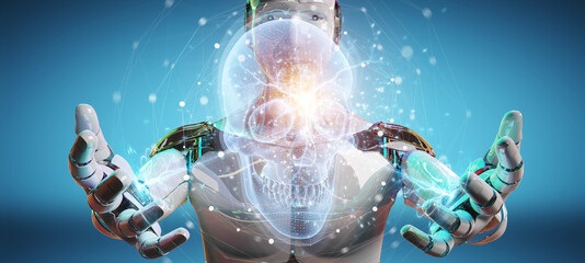 Aufkleber - Robot using digital x-ray skull holographic scan projection 3D rendering