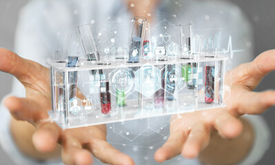 Aufkleber - Woman holding and touching medical analysis in tubes samples 3D rendering