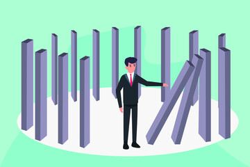 Business Karma vector concept: Businessman pushing down dominoes in circle