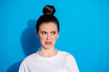 Canvas Print - Close-up portrait of her she nice-looking attractive gloomy grumpy sullen irritated girl dislike reaction isolated over bright vivid sine vibrant blue color background