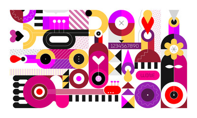 Wall Mural - Flat design of wine bottles and music instruments isolated on a white background. Geometric style vector illustration.	