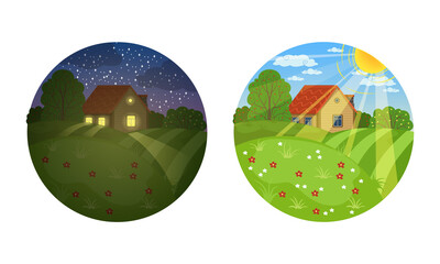 Wall Mural - View of Small Country House in Different Times of the Day Set, Rural Summer Landscape of Circular Shape Cartoon Vector Illustration