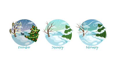 Wall Mural - Three Months of the Year Set, Winter Season Nature Landscape, December, January, February Months Vector Illustration